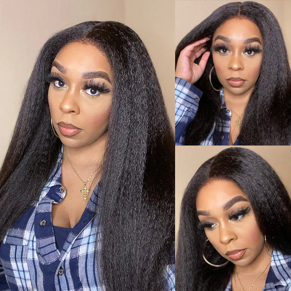 Hair Factory 5X5 16-20 Inch Glueless Kinky Straight w/ 4C Kinky Edges Mid Part Long Wig