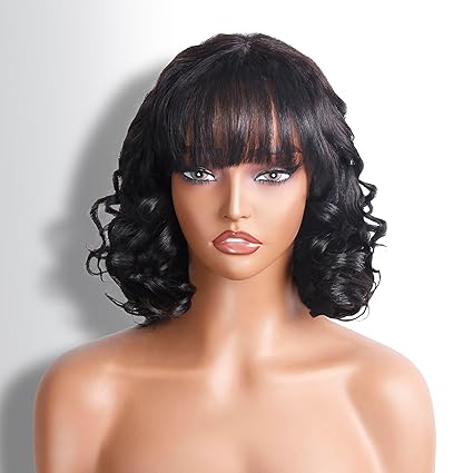 Hair Factory 2x1 HD 12" Loose Wave w/ Bangs Bob Wig