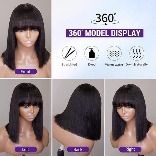 Hair Factory 2x1 12" 1B Yaki Straight w/ Bangs Bob