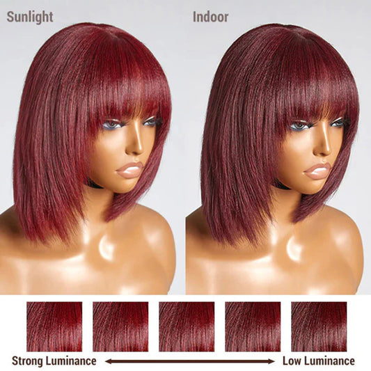 Hair Factory 2x1 HD 10" Reddish Purple Layered Cut Yaki Straight w/ Bangs Bob Wig